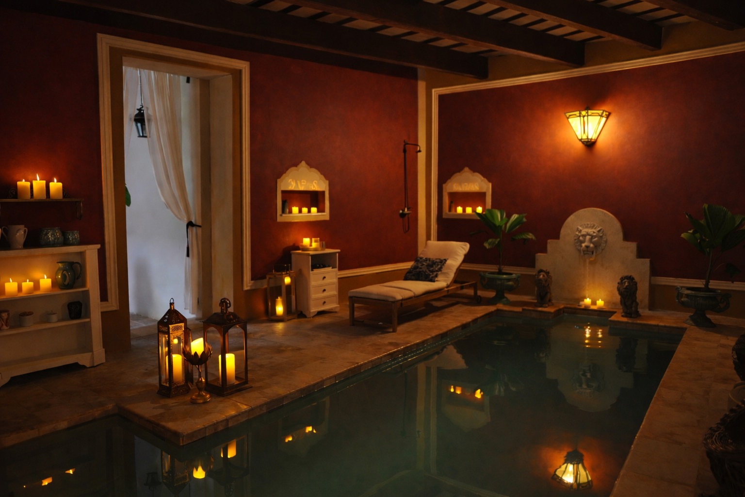 Intimate hospitality courtyard with a reflecting pool