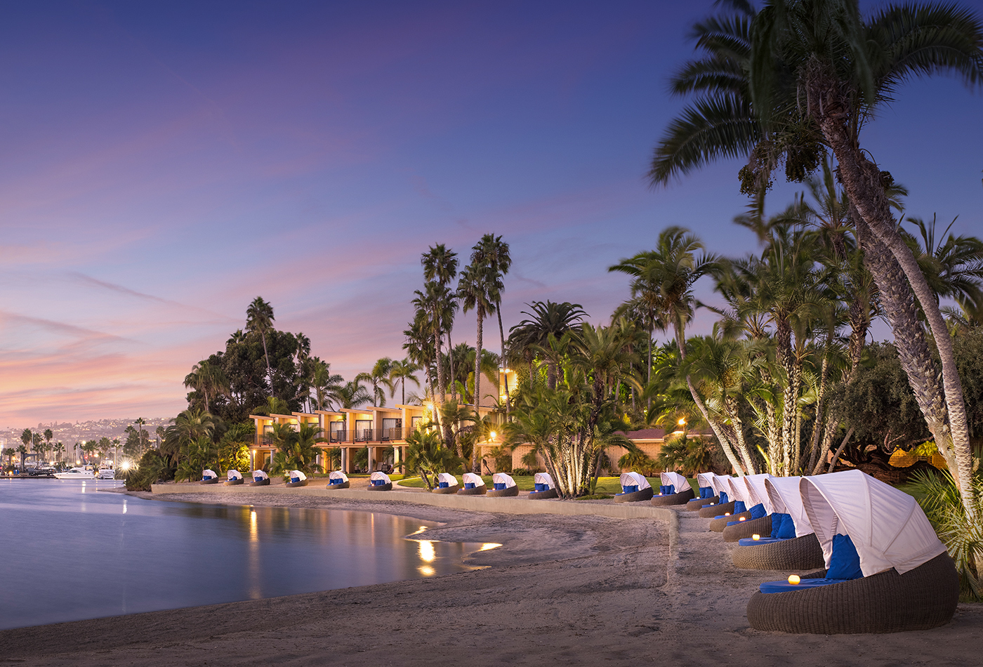 Waterfront resort at sunset